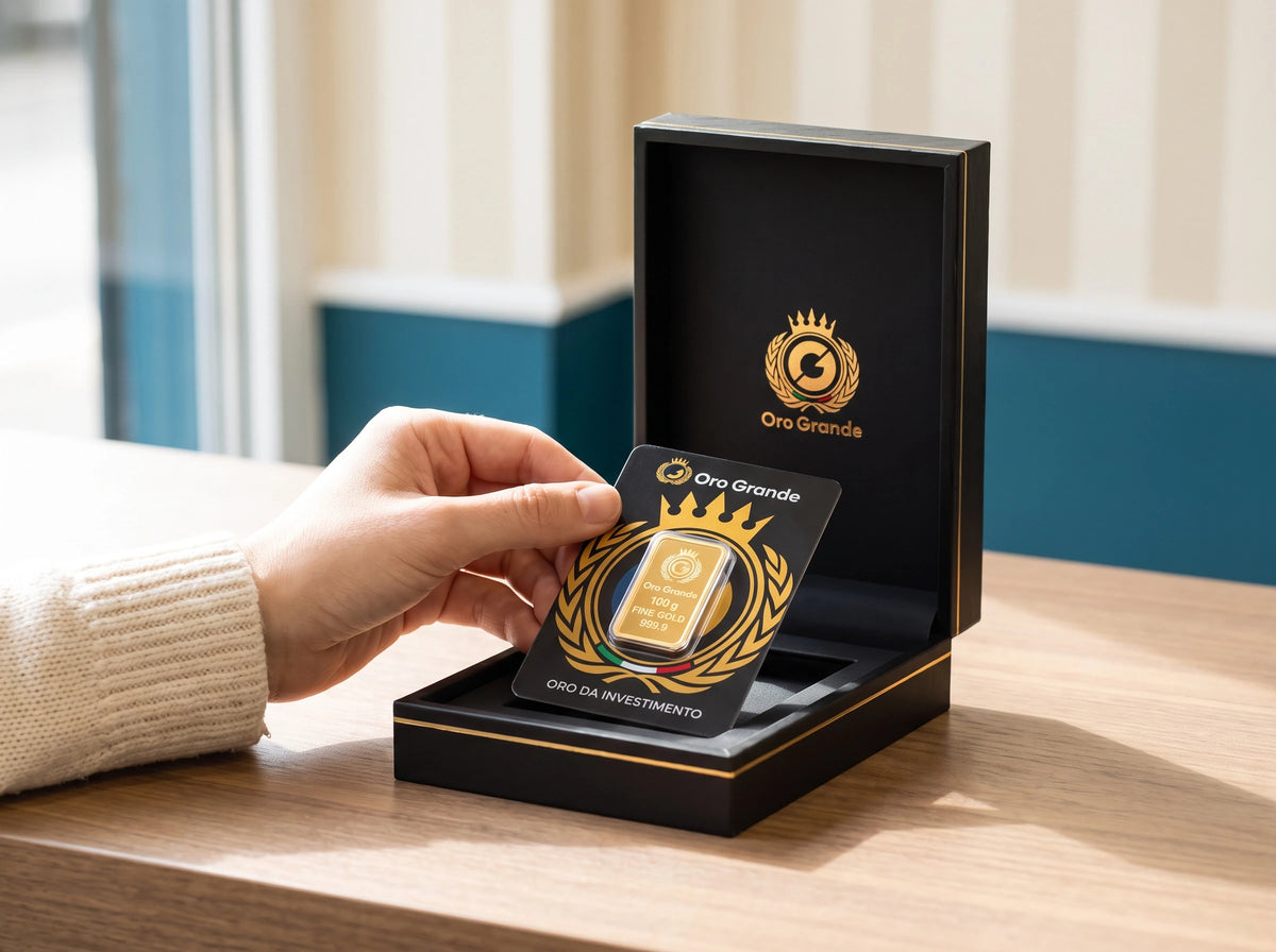 Lingotto d'oro Oro Grande in blister tolto dal cofanetto regalo